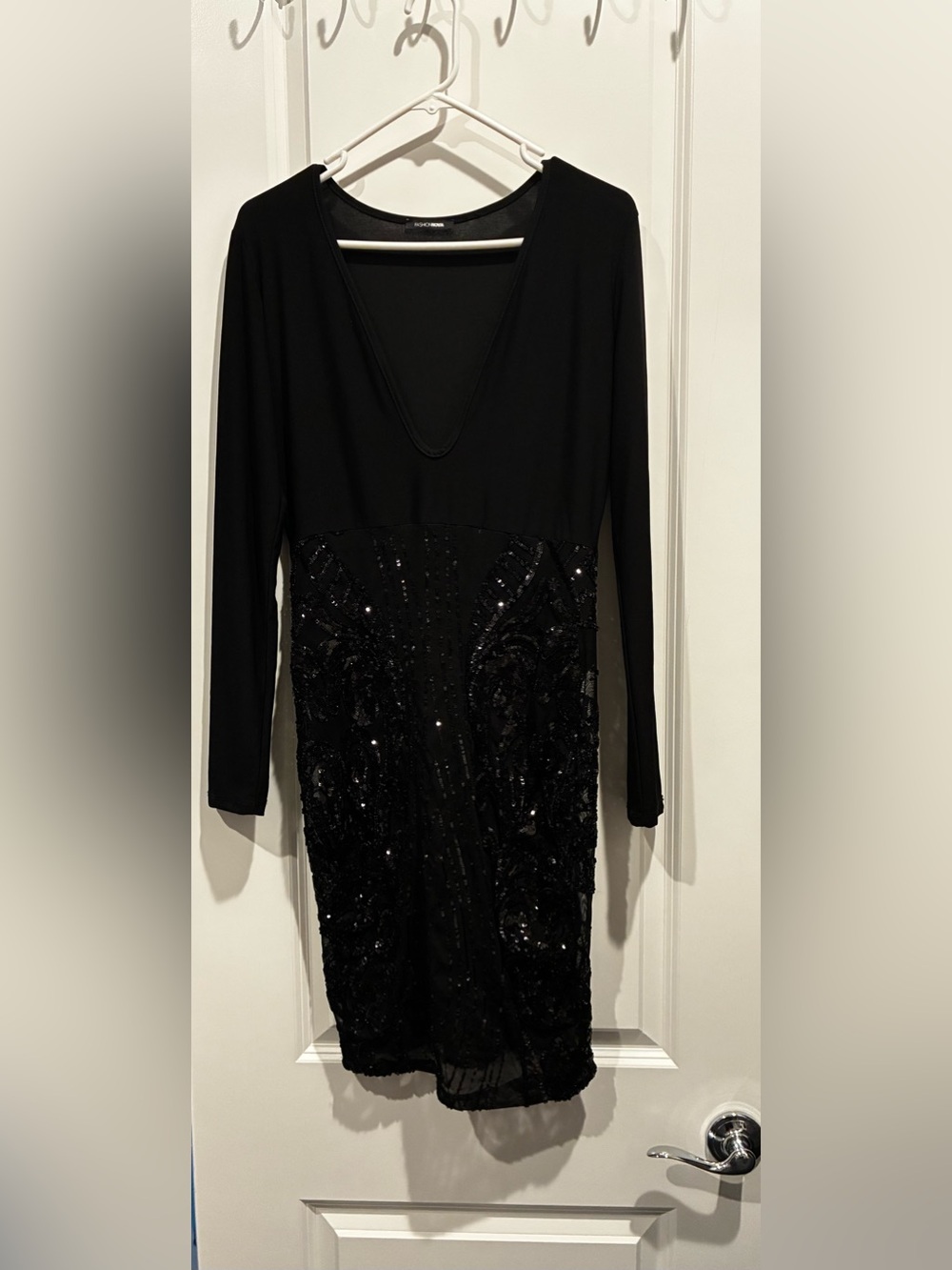 Fashion Nova Black Sequin Deep V-Neck Long Sleeve Dress XL